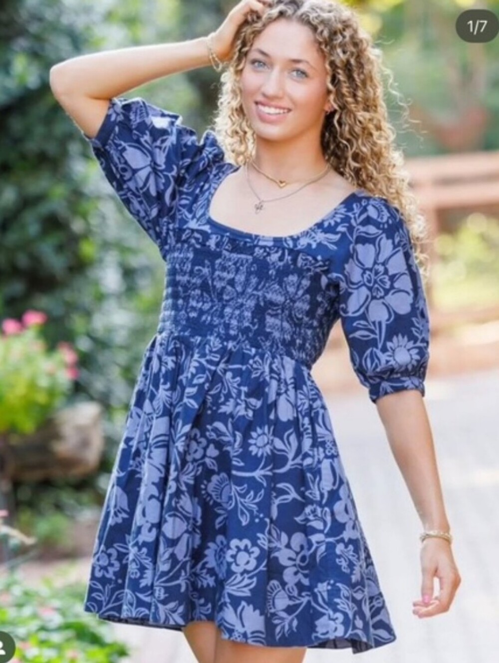 Free People Women's Blue Floral Boho Smocked Mini Dress Sz S Cottagecore